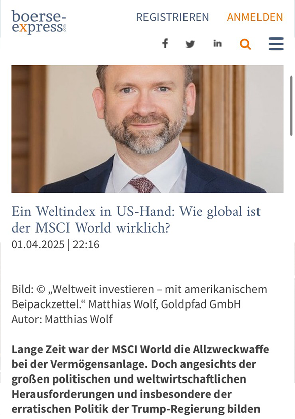 Screenshot Boerse-Express Artikel Ein Weltindex in US-Hand: Wie global ist der MSCI World wirklich?